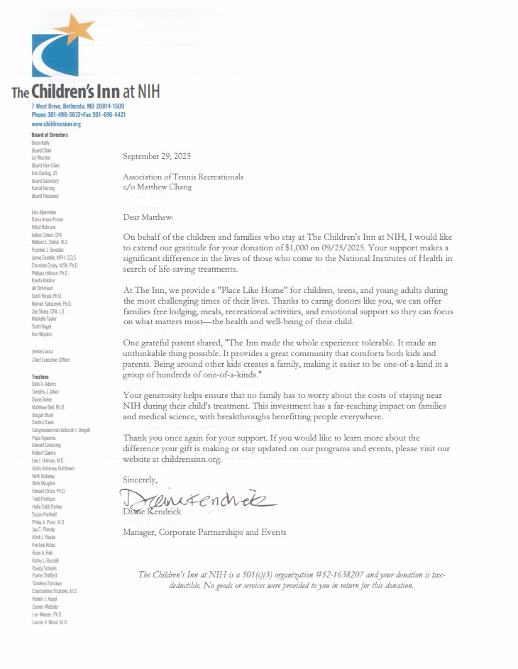 Thank You Letter from Children's Inn at NIH